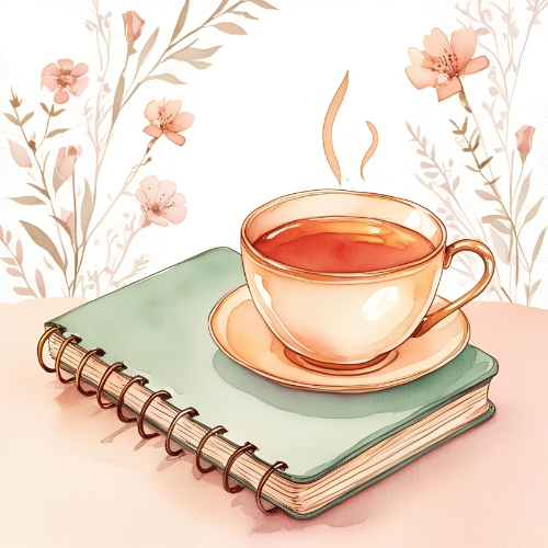 Blog – Inspiration für Deinen Alltag Tasse Tee auf Notizbuch mit floralen Motiven – ruhige Momente und Gedanken zum Mitnehmen